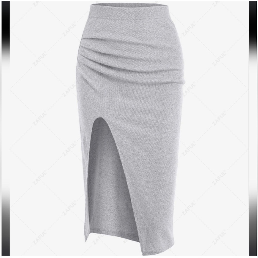Grey Ribbed Slit Midi Skirt Zaful